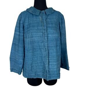 Vintage 60s Blue Raw Silk Jacket Charkha Handwoven Mod Dot Lining Boxy L XL